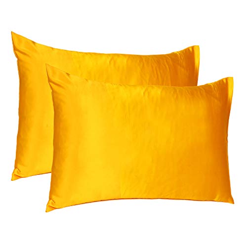 Oussum Satin Silk Pillowcase Pillow Case Covers with Envelop Closure for Hair and Skin Home Bed Decor Set of 2 Pillowcase Free 3 pcs scrunchies (Lumbar, Yellow) - Image 1
