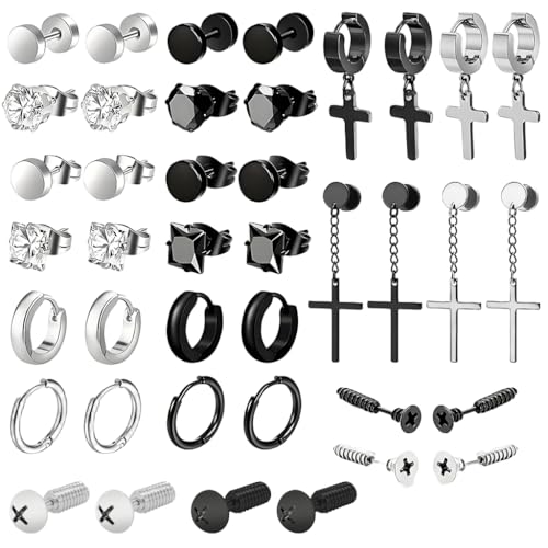 GUSTAVE® 20 Pairs Earrings for Men Stainless Steel Stud Earring Fashion Earring Piercing Jewelry Cross Dangle Hoop Earrings Kit Studs Long - Image 1