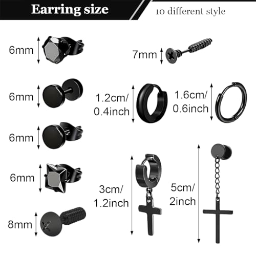 GUSTAVE® 20 Pairs Earrings for Men Stainless Steel Stud Earring Fashion Earring Piercing Jewelry Cross Dangle Hoop Earrings Kit Studs Long - Image 2