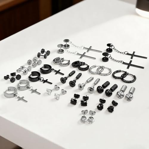 GUSTAVE® 20 Pairs Earrings for Men Stainless Steel Stud Earring Fashion Earring Piercing Jewelry Cross Dangle Hoop Earrings Kit Studs Long - Image 5