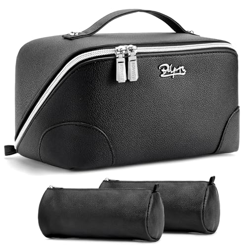 BOYATU Travel Makeup Bag Cosmetic Bags for Women: 3 Pcs Set Large Capacity Make up Bag with Handle - Waterproof Vegan Leather Toiletry Bags Travel Essentials with Compartments(C-2-Black) - Image 1