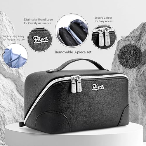 BOYATU Travel Makeup Bag Cosmetic Bags for Women: 3 Pcs Set Large Capacity Make up Bag with Handle - Waterproof Vegan Leather Toiletry Bags Travel Essentials with Compartments(C-2-Black) - Image 2