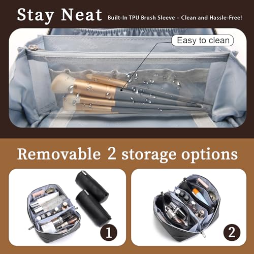 BOYATU Travel Makeup Bag Cosmetic Bags for Women: 3 Pcs Set Large Capacity Make up Bag with Handle - Waterproof Vegan Leather Toiletry Bags Travel Essentials with Compartments(C-2-Black) - Image 4