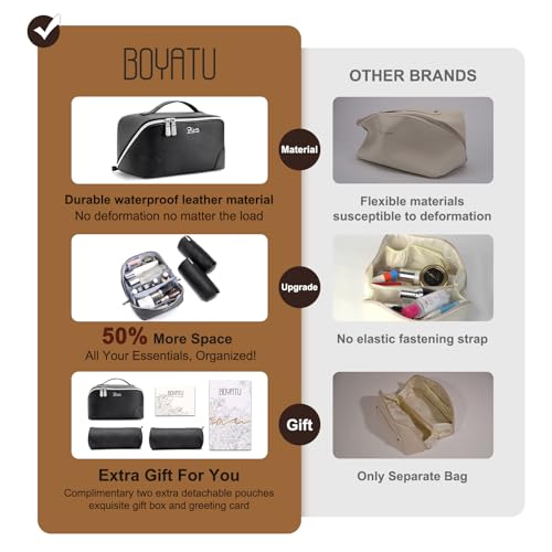 BOYATU Travel Makeup Bag Cosmetic Bags for Women: 3 Pcs Set Large Capacity Make up Bag with Handle - Waterproof Vegan Leather Toiletry Bags Travel Essentials with Compartments(C-2-Black) - Image 3