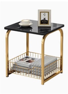 AGD Modern End Table With Storage Basket Sofa Side Table With Marble Design For Living Room  - Image 1
