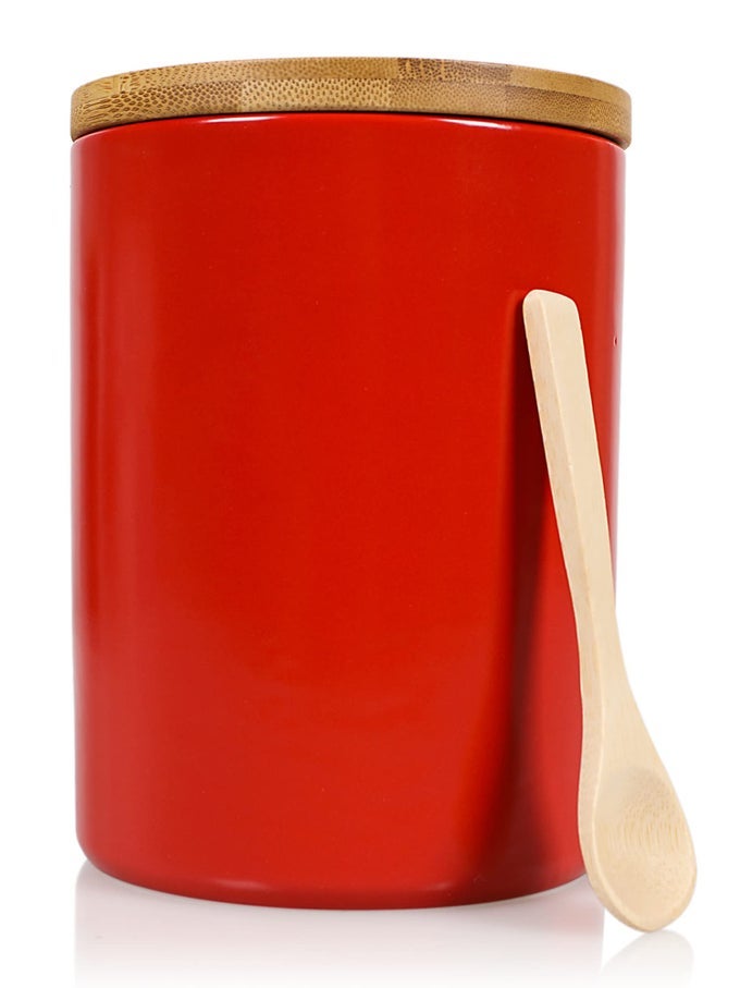 RED CERAMIC STORAGE JAR CANISTER FOR FLOUR SUGAR AIRTIGHT BAMBOO LID WSILICONE SEAL SPOON MODERN ABSTRACT ART DESIGN FOR KITCHEN COUNTER BATHROOM 4 CUP 1080ML