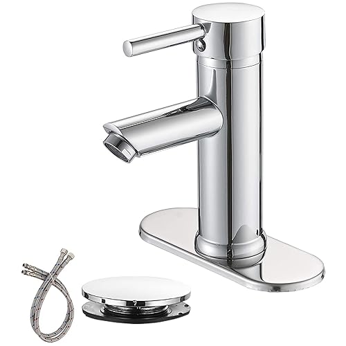 Green Spring Greenspring Chrome Bathroom Faucets, Single Handle One Hole Bathroom Sink Faucet, Modern Commercial Lavatory Vanity Faucet with Cover Plate, Pop Up Drain with Overflow Included, Brass - Image 1