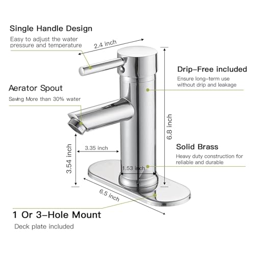 Green Spring Greenspring Chrome Bathroom Faucets, Single Handle One Hole Bathroom Sink Faucet, Modern Commercial Lavatory Vanity Faucet with Cover Plate, Pop Up Drain with Overflow Included, Brass - Image 2