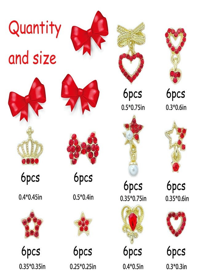 BHCCXZ 60PCS Nail Charms and Gems Red Rhinestones for Nails Design，3D Heart Star Crown Bow Y2k Nail Jewels Bulk Nail Art Decor Set - Image 3