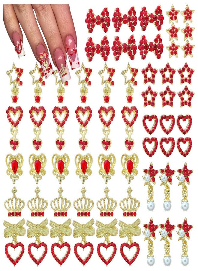 BHCCXZ 60PCS Nail Charms and Gems Red Rhinestones for Nails Design，3D Heart Star Crown Bow Y2k Nail Jewels Bulk Nail Art Decor Set - Image 1