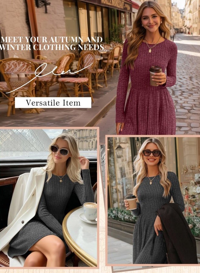 Riyiper 2 Pack Women's Sweater Dress Long Sleeve Ribbed Pleated Dress Casual Round Neck Knee Length Dress with Pocket(Dark Gray, Fuchsia,M) - Image 2
