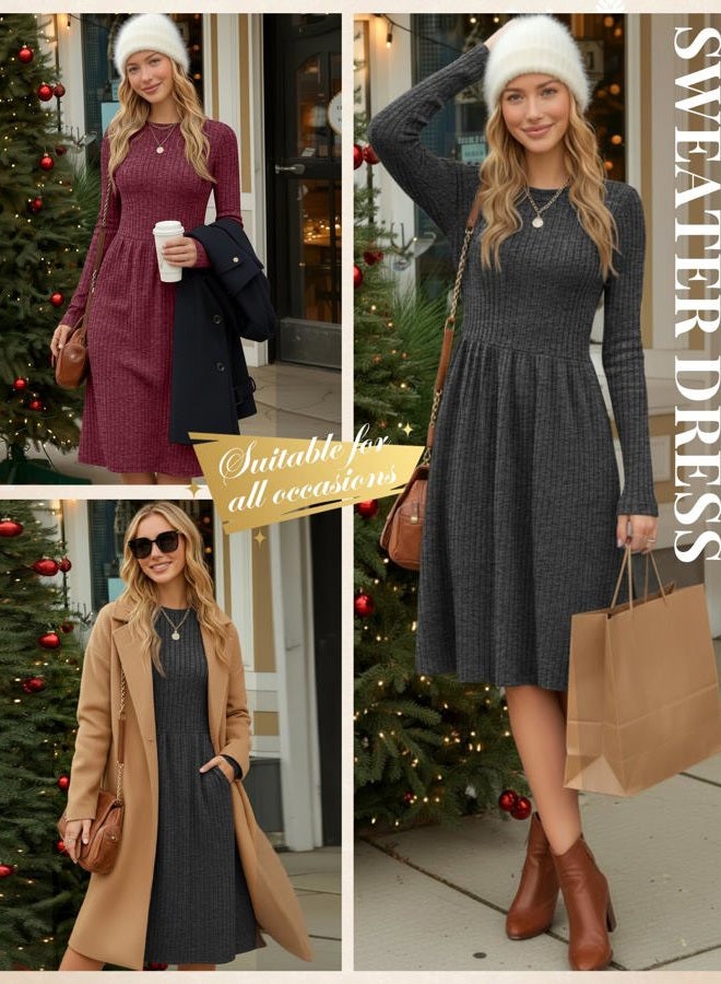 Riyiper 2 Pack Women's Sweater Dress Long Sleeve Ribbed Pleated Dress Casual Round Neck Knee Length Dress with Pocket(Dark Gray, Fuchsia,M) - Image 4