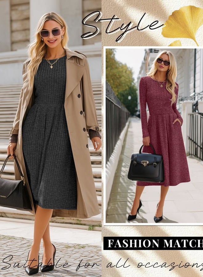 Riyiper 2 Pack Women's Sweater Dress Long Sleeve Ribbed Pleated Dress Casual Round Neck Knee Length Dress with Pocket(Dark Gray, Fuchsia,M) - Image 3