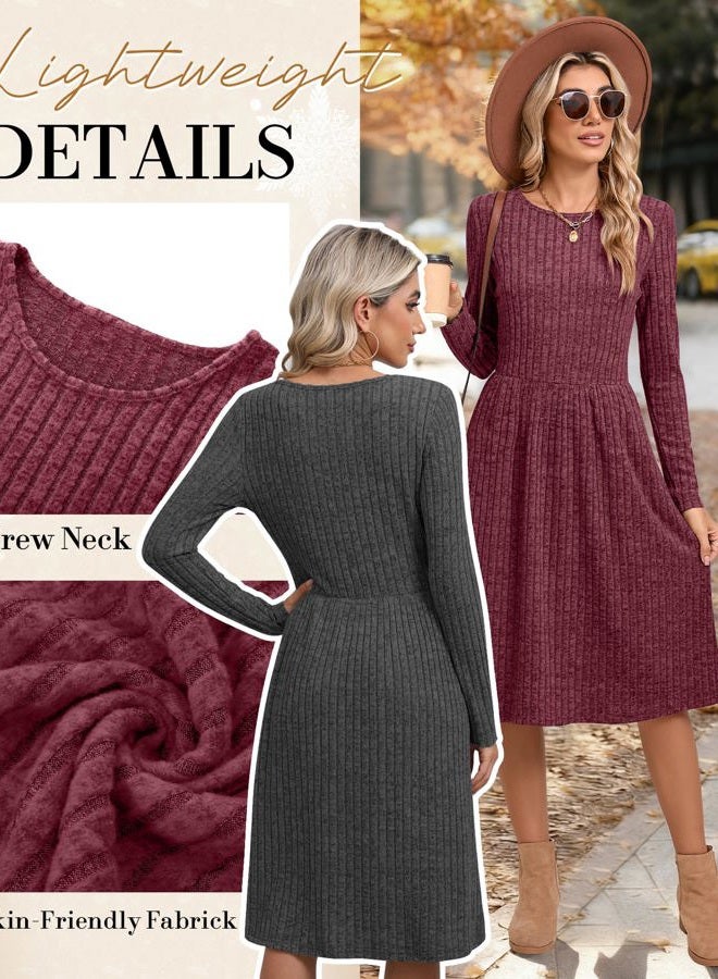 Riyiper 2 Pack Women's Sweater Dress Long Sleeve Ribbed Pleated Dress Casual Round Neck Knee Length Dress with Pocket(Dark Gray, Fuchsia,M) - Image 5