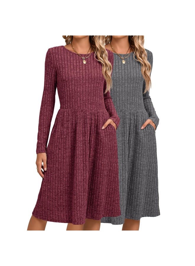 Riyiper 2 Pack Women's Sweater Dress Long Sleeve Ribbed Pleated Dress Casual Round Neck Knee Length Dress with Pocket(Dark Gray, Fuchsia,M) - Image 1