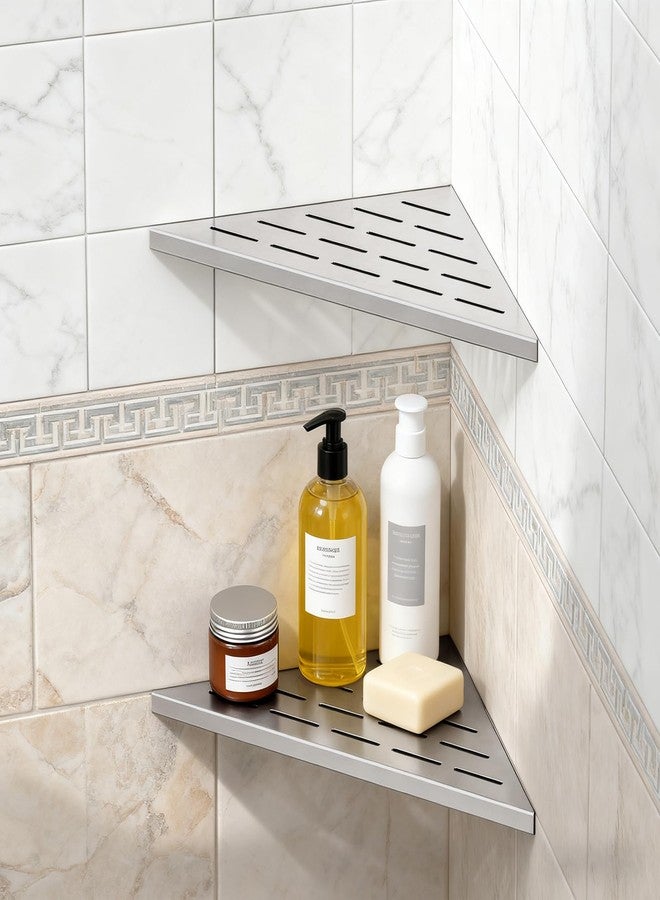 BWE 10" Shower Corner Shelf, 304 Stainless Steel Shower Shelves, Slot Design Corner Shower Shelf, Recessed Bathroom Storage Organizer for Tiled Wall,No Drilling Need, Brushed Nickel 2 Pack - Image 1