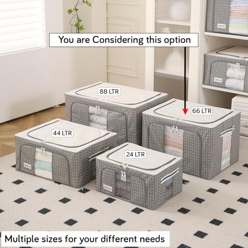 HOKIPO Closet Organizer for Clothes | Multipurpose Storage Box & Organizer | Premium PE-Coated Fabric with Dual Windows | Ideal Saree Cover |66L, Pack of 1 Charcoal Grey (AR-5929-CGRY) - Image 3