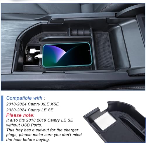 TOPINSTALL Center Console Tray Compatible with 2018-2024 Toyota Camry XLE XSE and 2020-2024 Camry LE SE with Dual USB Ports, Interior Accessories Armrest Console Organizer (Not for 2025) - Image 4