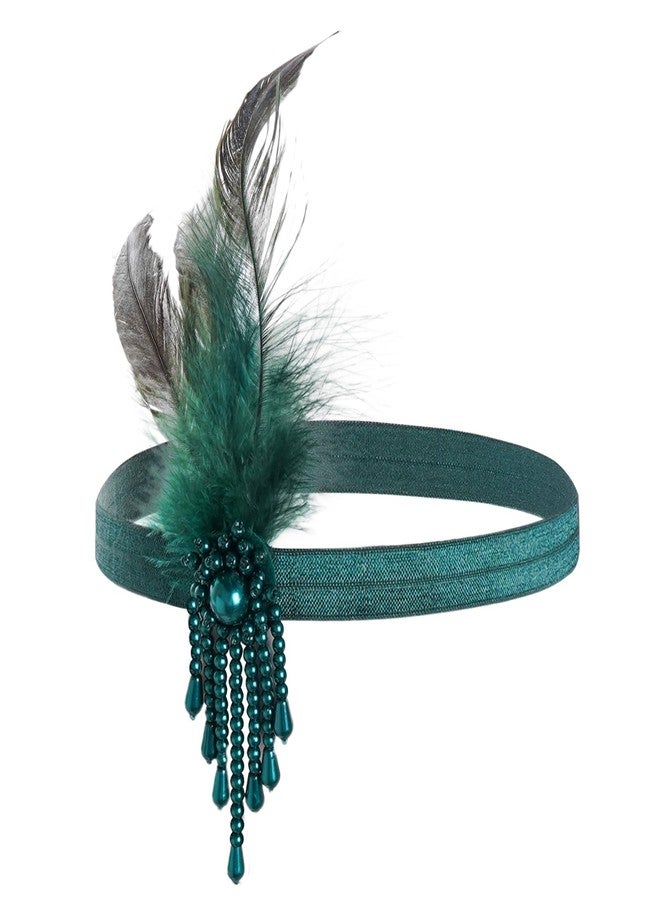 yeabwps 1 Pcs 1920s Flapper Headpiece Green Feather Headband Roaring 20s Gatsby Hair Accessories (Dark green) - Image 1
