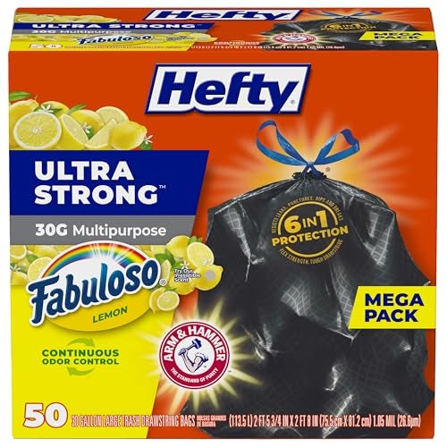 Hefty Ultra Strong 30 Gallon Trash Bags, Large Trash Bags 30 Gallon Size, Multipurpose, Break Resistant Drawstring Closure, Resists Leaks, Punctures, and Tears, Black, Fabuloso Lemon Scent, 50 Bags - Image 1