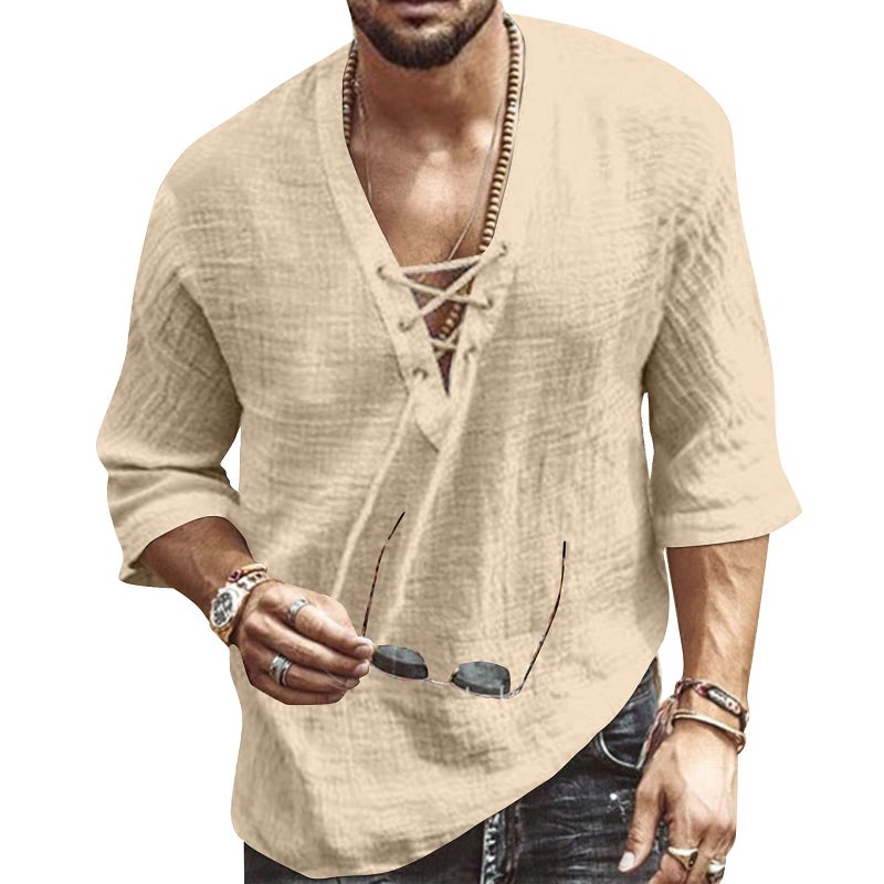 Rela Bota Men's Fashion Shirt Short Sleeve Beach V-Neck Drawstring Solid Color Yoga African Summer Top Solid Khaki M - Image 1