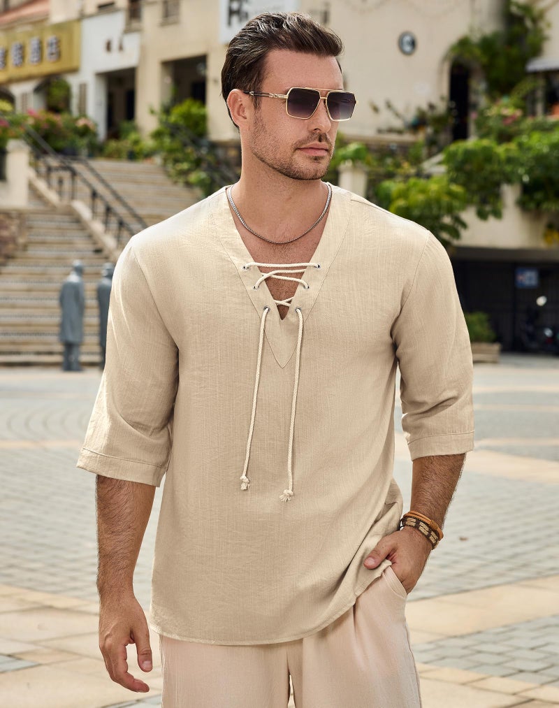 Rela Bota Men's Fashion Shirt Short Sleeve Beach V-Neck Drawstring Solid Color Yoga African Summer Top Solid Khaki M - Image 3
