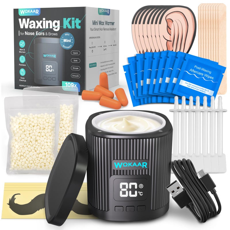 Wokaar Nose Wax Kit for Eyebrow and Ear Hair | 100gWax, 50 Face Waxing Sticks | USB-C(5V/2A) Wax Warmer | Hair Removal Kit for Men & Women | 15 Pre/Post Wipes, Ear and Mustache Guards & Earplug - Image 1