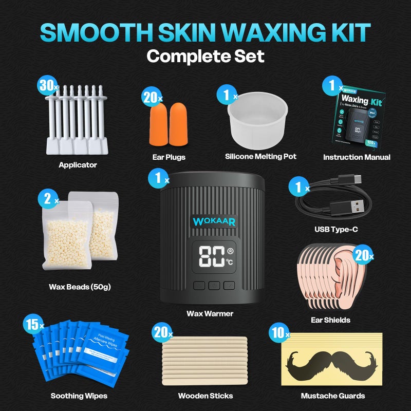 Wokaar Nose Wax Kit for Eyebrow and Ear Hair | 100gWax, 50 Face Waxing Sticks | USB-C(5V/2A) Wax Warmer | Hair Removal Kit for Men & Women | 15 Pre/Post Wipes, Ear and Mustache Guards & Earplug - Image 3