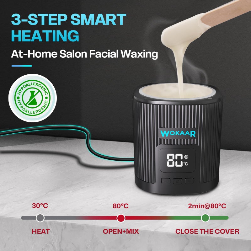 Wokaar Nose Wax Kit for Eyebrow and Ear Hair | 100gWax, 50 Face Waxing Sticks | USB-C(5V/2A) Wax Warmer | Hair Removal Kit for Men & Women | 15 Pre/Post Wipes, Ear and Mustache Guards & Earplug - Image 4