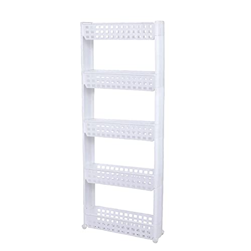 VISHVA 5 Layer Slim White Multipurpose Floor Mount Tiered Shelf Kitchen Storage Slim Rack with Wheels for Home, Office, Bedroom and Bathroom Plastic Stand (5 Layer, White) - Image 1