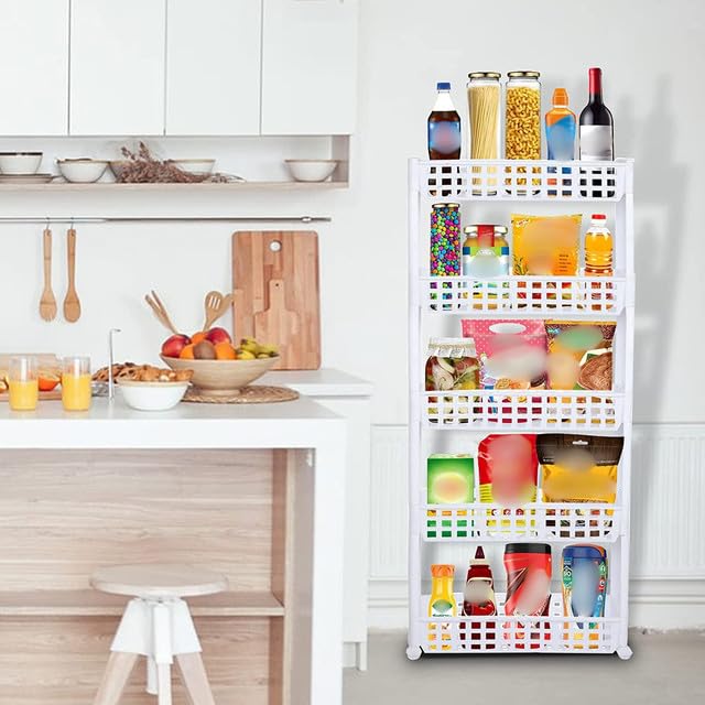 VISHVA 5 Layer Slim White Multipurpose Floor Mount Tiered Shelf Kitchen Storage Slim Rack with Wheels for Home, Office, Bedroom and Bathroom Plastic Stand (5 Layer, White) - Image 3