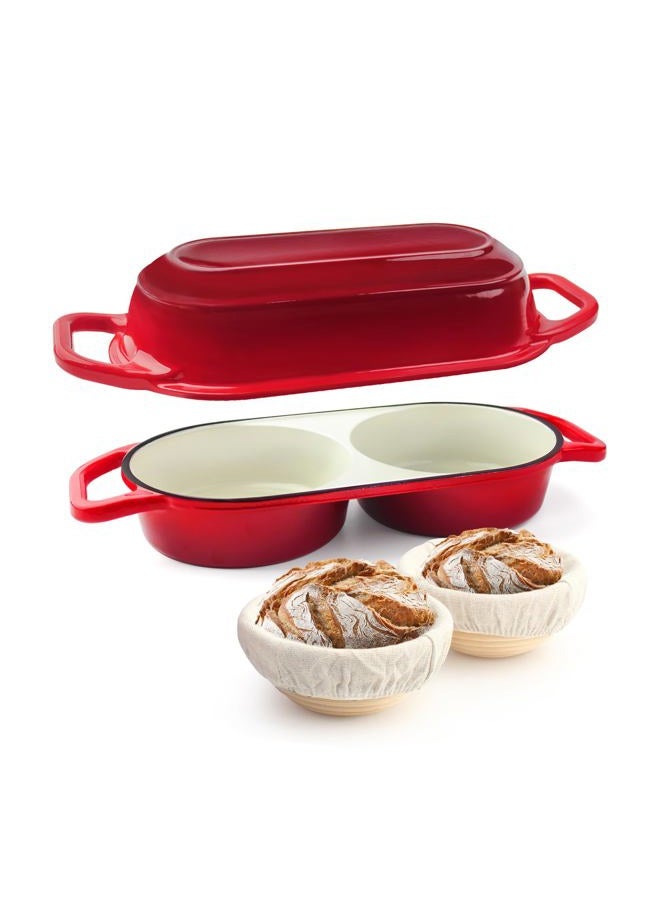 YONILL Mini Double Dutch Oven for Sourdough Bread Baking - Enameled Cast Iron Dutch Oven Pot with Lid and 5" Banneton Bread Proofing Basket Kit, Dual Round Bread Loaf Pan for Homemade Baking (Red) - Image 1
