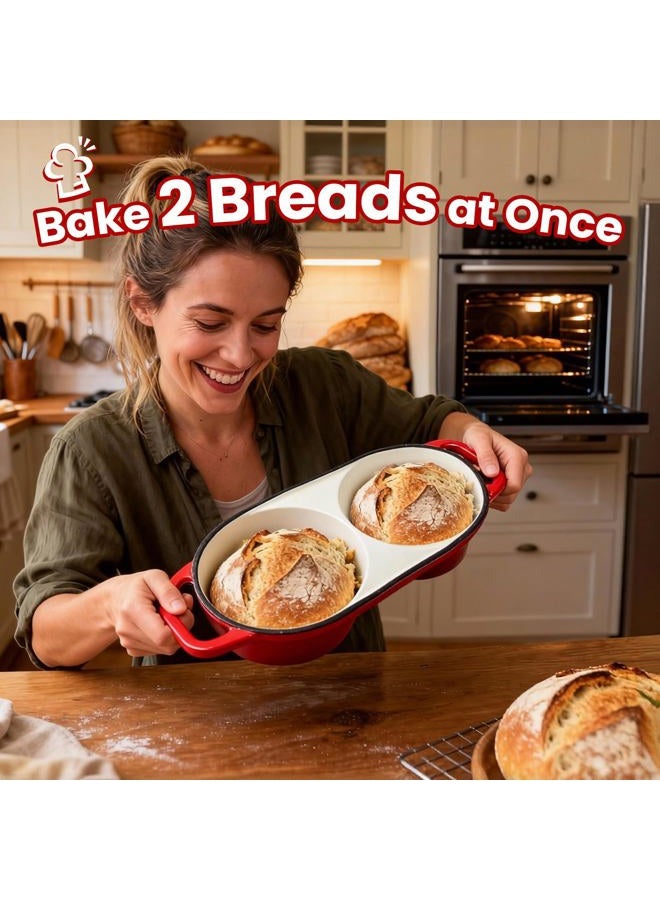YONILL Mini Double Dutch Oven for Sourdough Bread Baking - Enameled Cast Iron Dutch Oven Pot with Lid and 5" Banneton Bread Proofing Basket Kit, Dual Round Bread Loaf Pan for Homemade Baking (Red) - Image 2