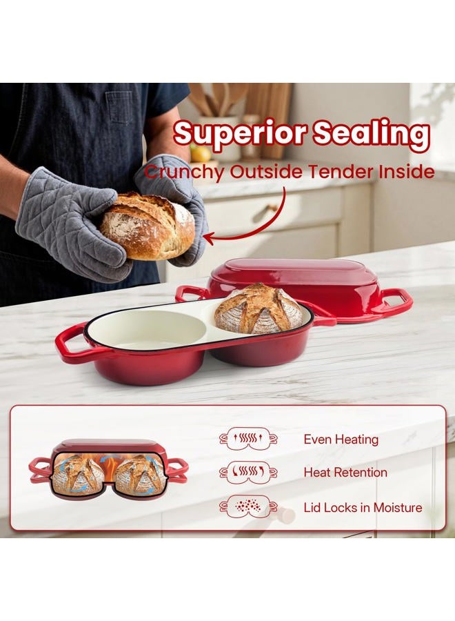 YONILL Mini Double Dutch Oven for Sourdough Bread Baking - Enameled Cast Iron Dutch Oven Pot with Lid and 5" Banneton Bread Proofing Basket Kit, Dual Round Bread Loaf Pan for Homemade Baking (Red) - Image 4