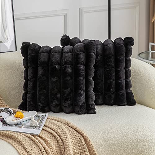 Neelvin Black Faux Fur Cozy Soft Plaid Decorative Throw Pillow Covers 18x18 inch Set of 2Velvet Pillowcase Cushion Case for Sofa Couch - Image 1