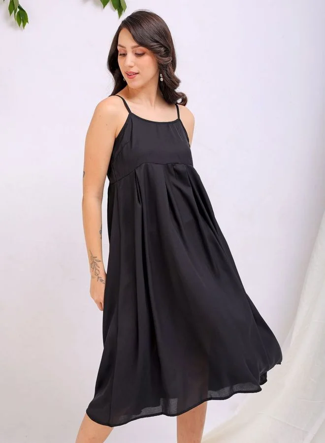 Freehand  Women Fit and Flared Solid Square Neck Sleeveless Pleated Dress for Women | Best Price UAE