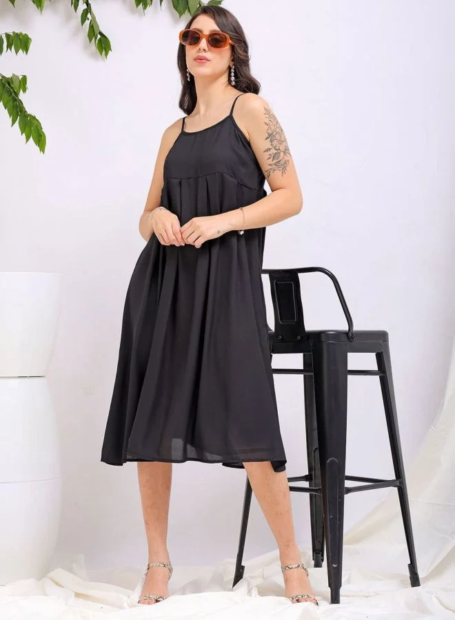 Freehand  Women Fit and Flared Solid Square Neck Sleeveless Pleated Dress for Women | Best Price UAE