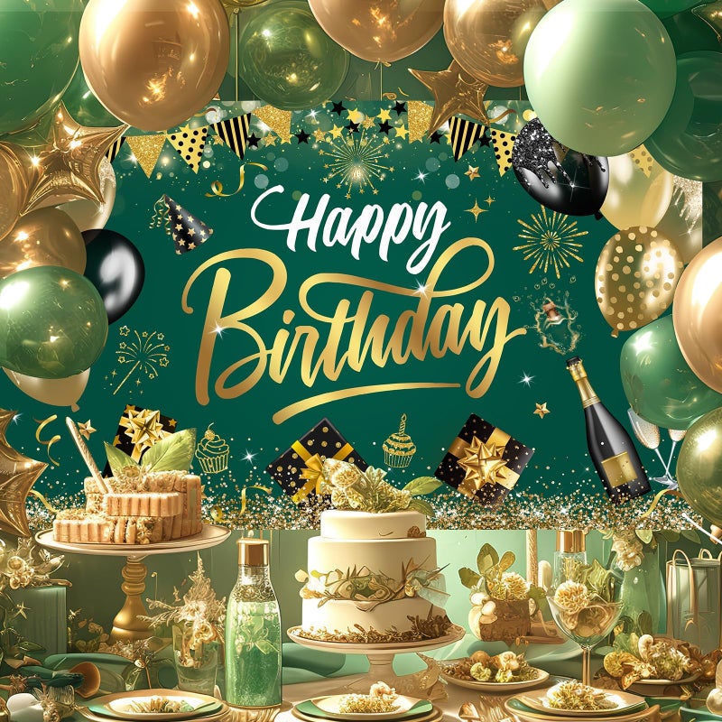 Mocsicka Green Birthday Banner Green Gold Glitter Balloons Birthday Banner Party Decorations for Men Boys Photo Background Indoor Outdoor (Green, 6x3.6ft) - Image 2
