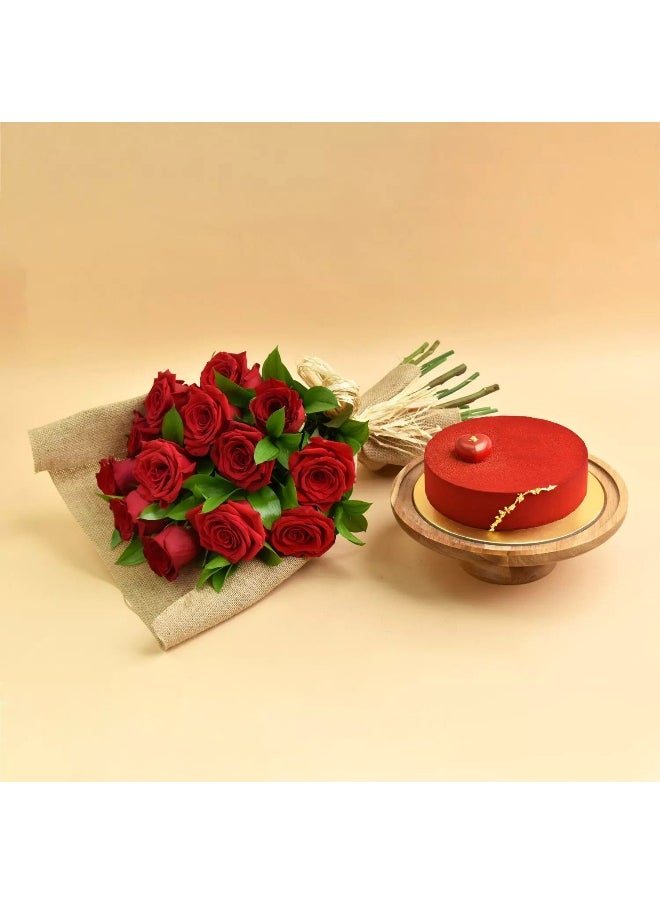 Ferns N Petals - 12 Valentines Red Fresh Roses Bouquet And Cake - Image 1