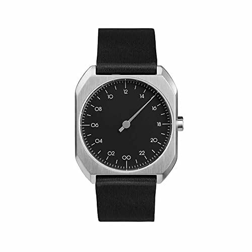 slow Mo 06 - Swiss Made one-hand 24 hour watch - Silver with black leather band - Image 1