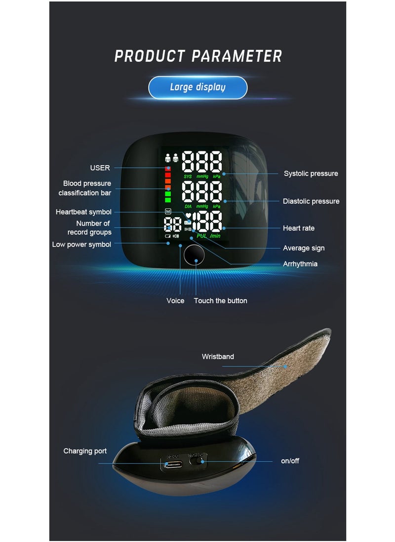 Generic - Rechargeable Electronic Sphygmomanometer, Touch Screen Portable Automatic Accurate Wireless Back Light Wrist Hypertension Monitor(Arabic Version) - Image 1