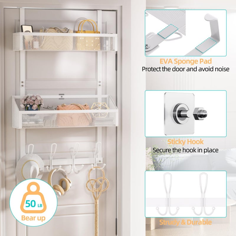 Upesitom Over Door Hook Organizer 12 Hook Over The Door Organizer with 2 Mesh Baskets - Back of Door Storage Towel Rack Space Saving Storage Organizer for Bedroom, Bathroom, Kitchen, Pantry, White - Image 2
