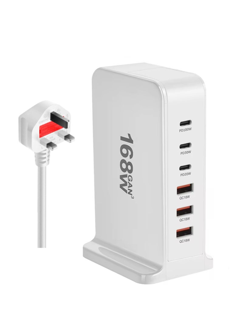 Digi Core شاحن USB متعدد، 168 وات شاحن USB C سريع، محطة شحن 8 منافذ، محطة شحن USB وType C محمولة، شاحن حائط، محول شريط طاقة 168 وات Gan USB Type C سريع، قابس متعدد الاستخدامات في المملكة المتحدة، أبيض - Image 1