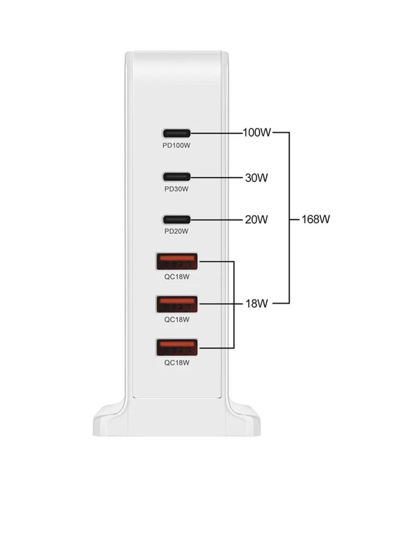 Digi Core شاحن USB متعدد، 168 وات شاحن USB C سريع، محطة شحن 8 منافذ، محطة شحن USB وType C محمولة، شاحن حائط، محول شريط طاقة 168 وات Gan USB Type C سريع، قابس متعدد الاستخدامات في المملكة المتحدة، أبيض - Image 2