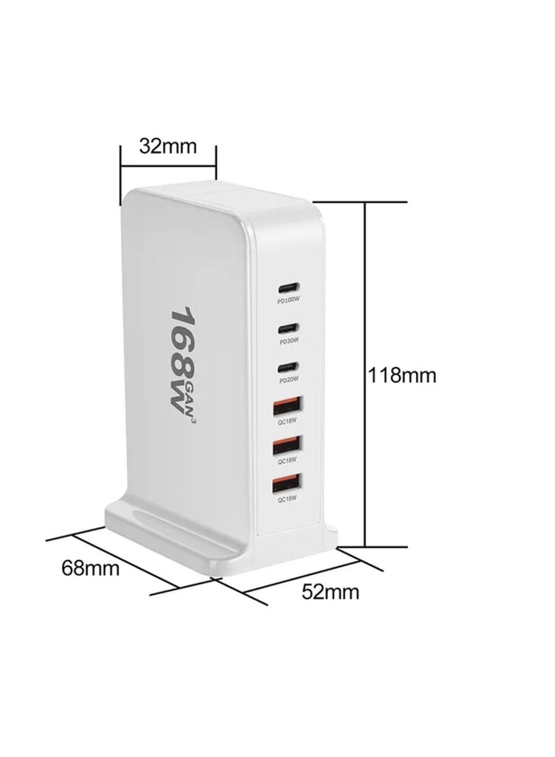 Digi Core شاحن USB متعدد، 168 وات شاحن USB C سريع، محطة شحن 8 منافذ، محطة شحن USB وType C محمولة، شاحن حائط، محول شريط طاقة 168 وات Gan USB Type C سريع، قابس متعدد الاستخدامات في المملكة المتحدة، أبيض - Image 3