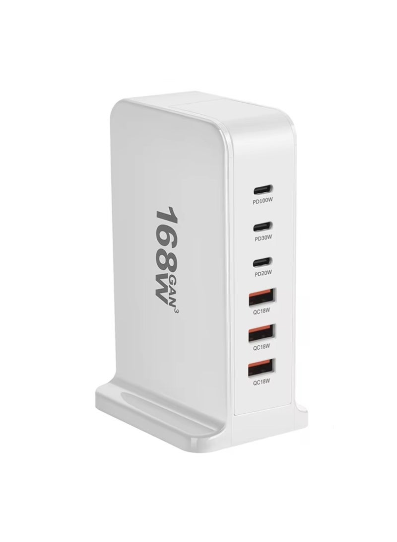 Digi Core شاحن USB متعدد، 168 وات شاحن USB C سريع، محطة شحن 8 منافذ، محطة شحن USB وType C محمولة، شاحن حائط، محول شريط طاقة 168 وات Gan USB Type C سريع، قابس متعدد الاستخدامات في المملكة المتحدة، أبيض - Image 4