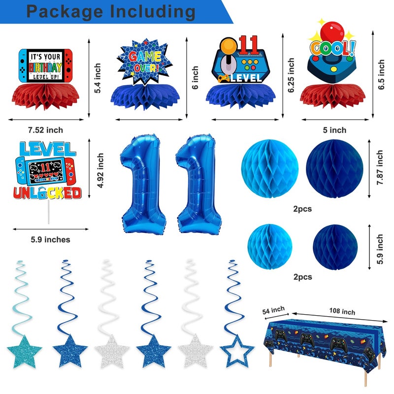 Juesly Video Game 11th Birthday Decorations for Boys, Blue Level 11 Decor Kits for Boy, 11 Years Old Game Supplies - Backdrop Honeycomb balls Hanging Swirls Centerpieces Balloons Tablecloth Cake topper - Image 3