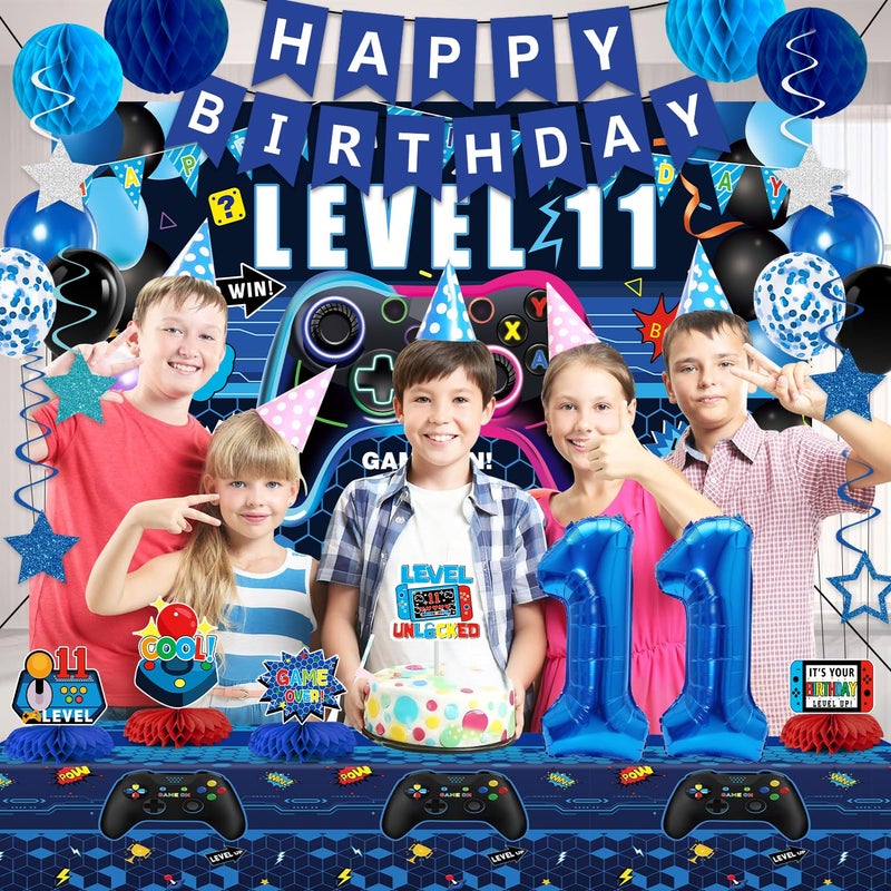 Juesly Video Game 11th Birthday Decorations for Boys, Blue Level 11 Decor Kits for Boy, 11 Years Old Game Supplies - Backdrop Honeycomb balls Hanging Swirls Centerpieces Balloons Tablecloth Cake topper - Image 5