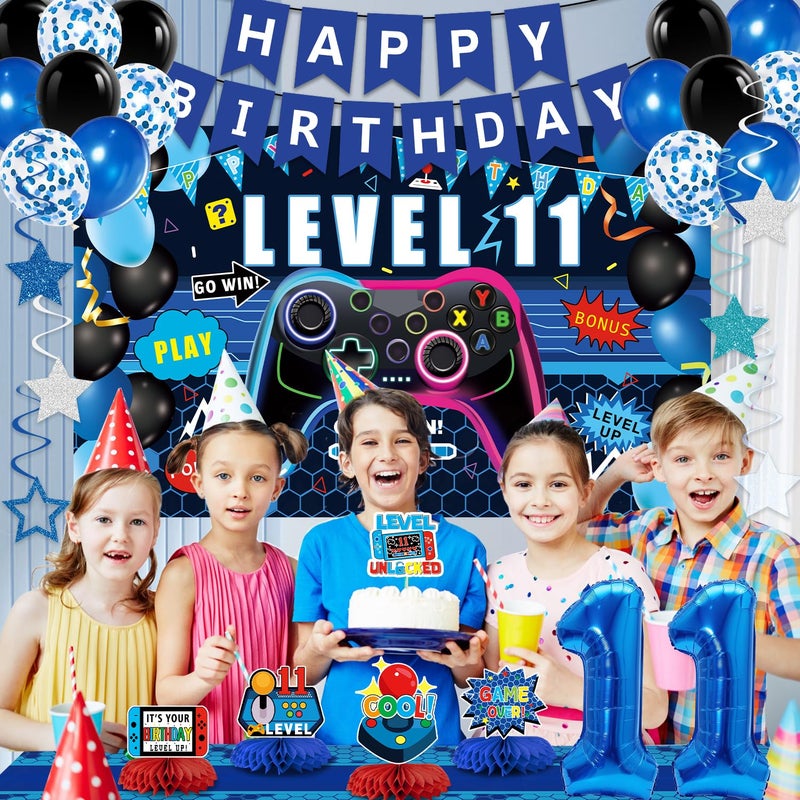 Juesly Video Game 11th Birthday Decorations for Boys, Blue Level 11 Decor Kits for Boy, 11 Years Old Game Supplies - Backdrop Honeycomb balls Hanging Swirls Centerpieces Balloons Tablecloth Cake topper - Image 4