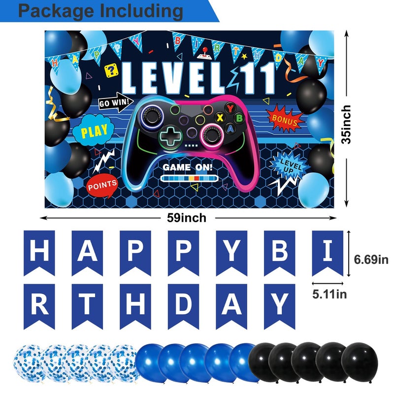 Juesly Video Game 11th Birthday Decorations for Boys, Blue Level 11 Decor Kits for Boy, 11 Years Old Game Supplies - Backdrop Honeycomb balls Hanging Swirls Centerpieces Balloons Tablecloth Cake topper - Image 2